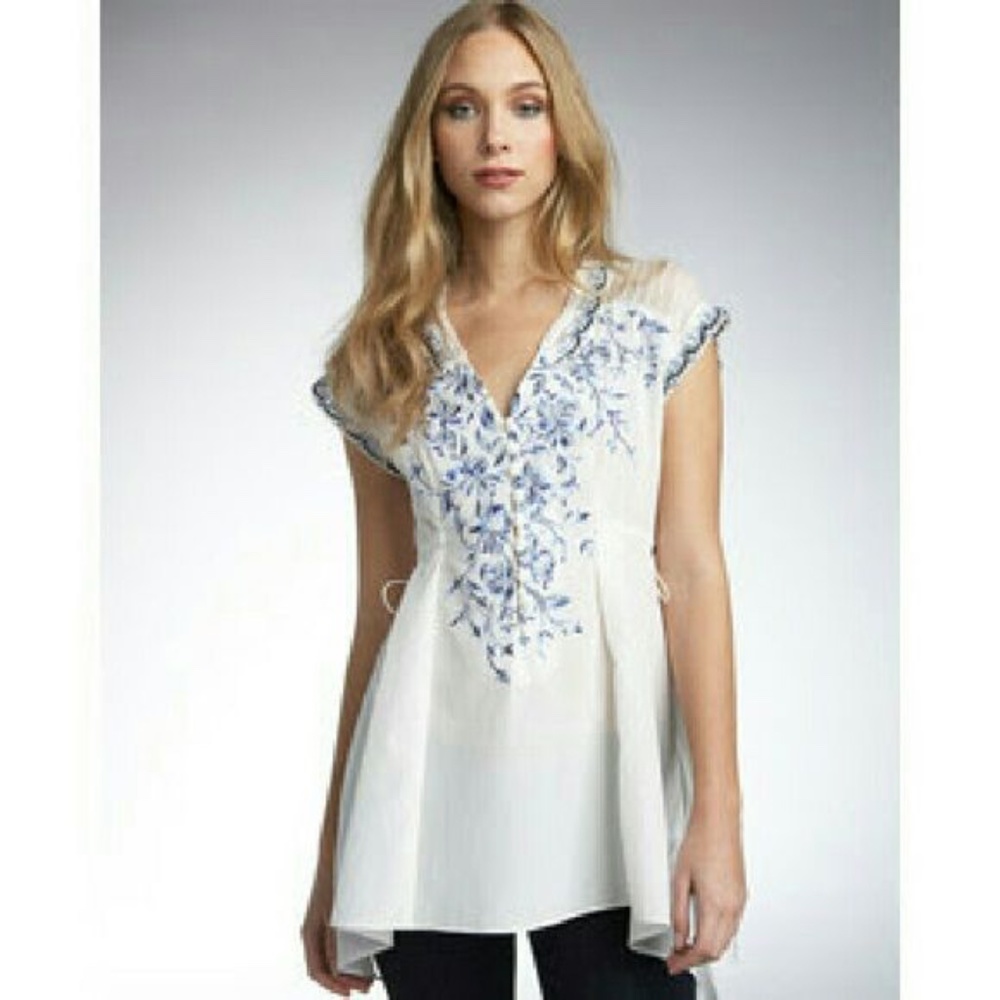 Nanette Lepore White and Blue Embroidered Blouse